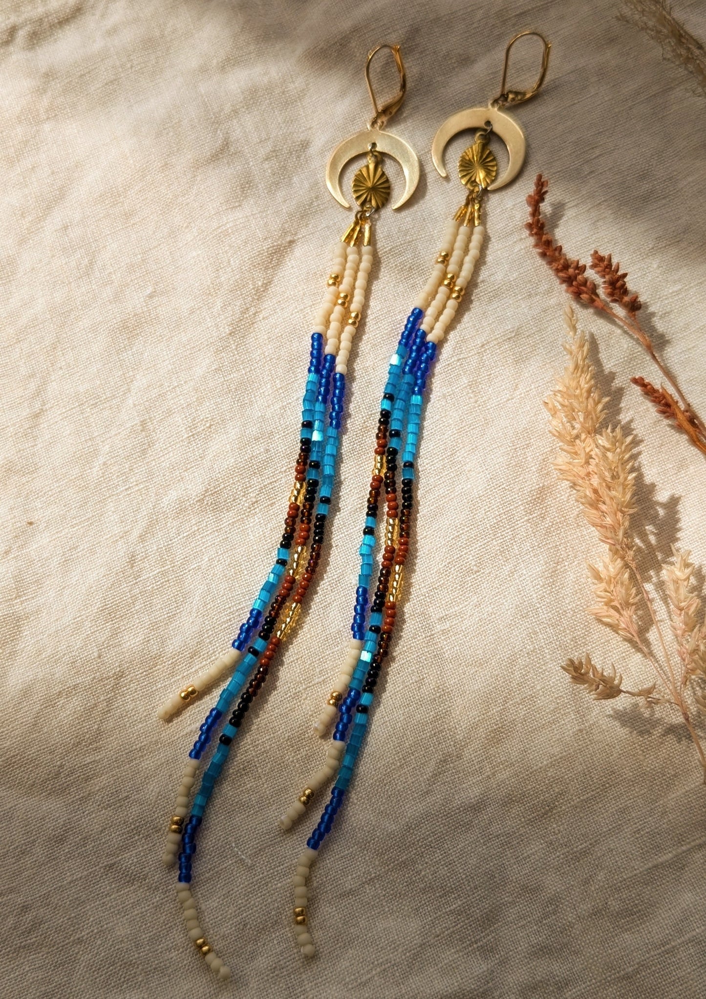 Xiye Blue Beaded  Fringe Earrings