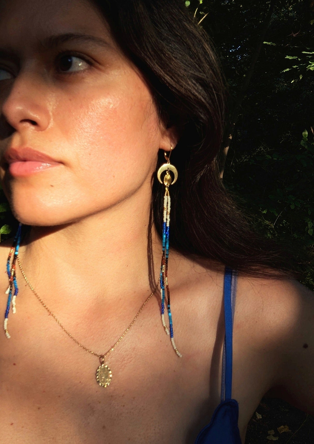Xiye Blue Beaded  Fringe Earrings