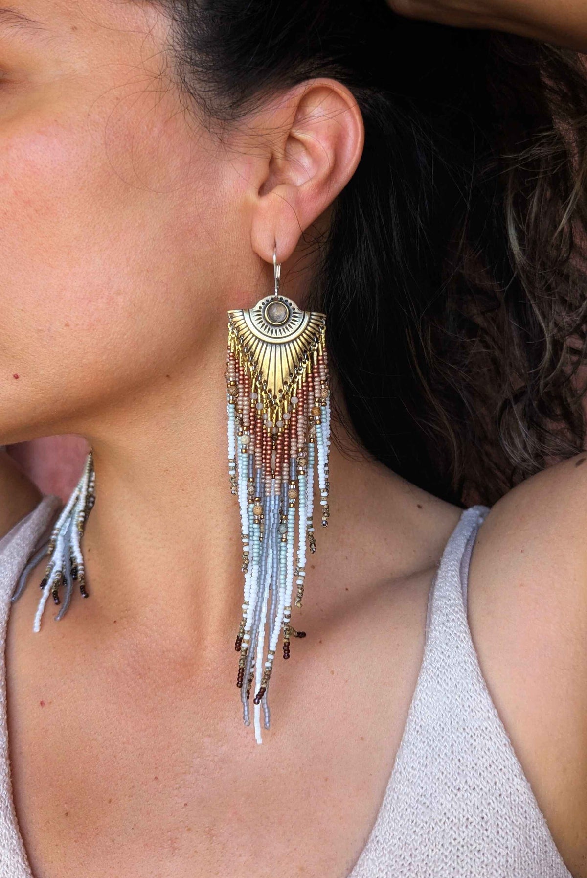Mariann Jasper & Moonstone Handmade Beaded Fringe Earrings