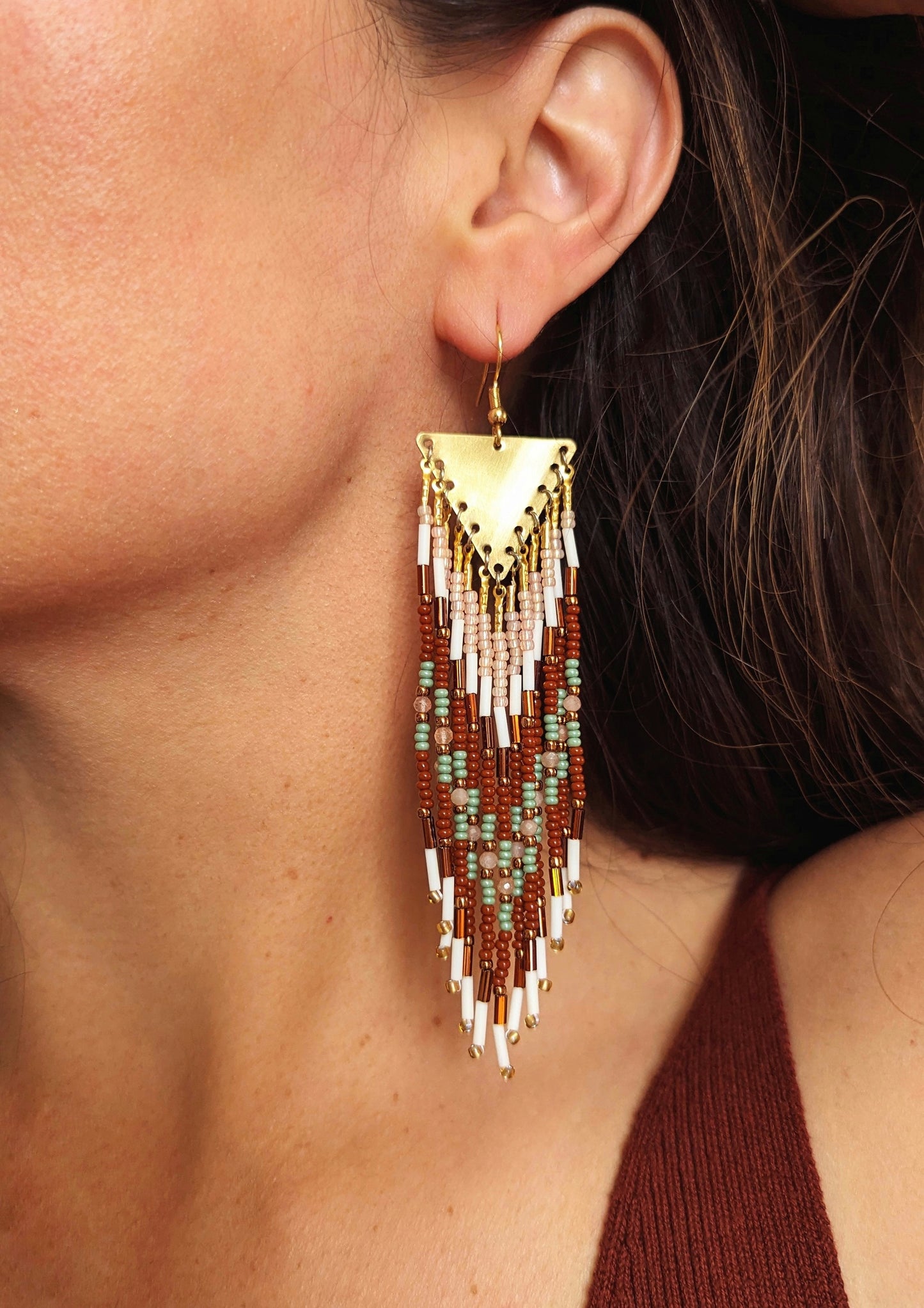 Dolores Brown Peach Stone Seed Bead Earrings