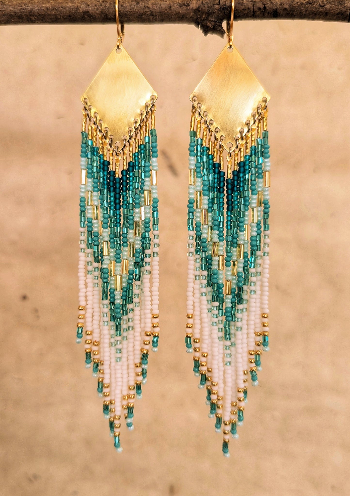 Moon & Milk turquoise, white, and gold seed bead earrings with brass findings—hand-beaded and coastal-inspired.