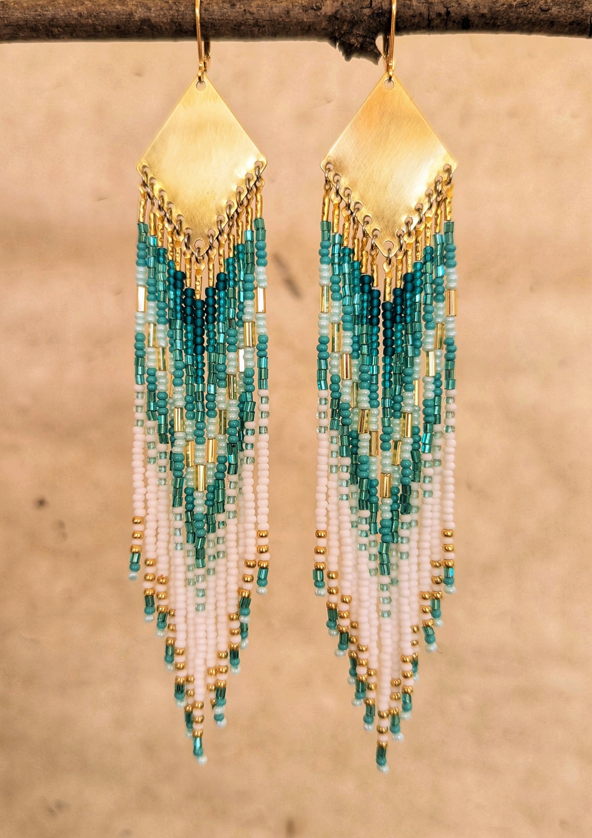 Moon & Milk turquoise, white, and gold seed bead earrings with brass findings—hand-beaded and coastal-inspired.
