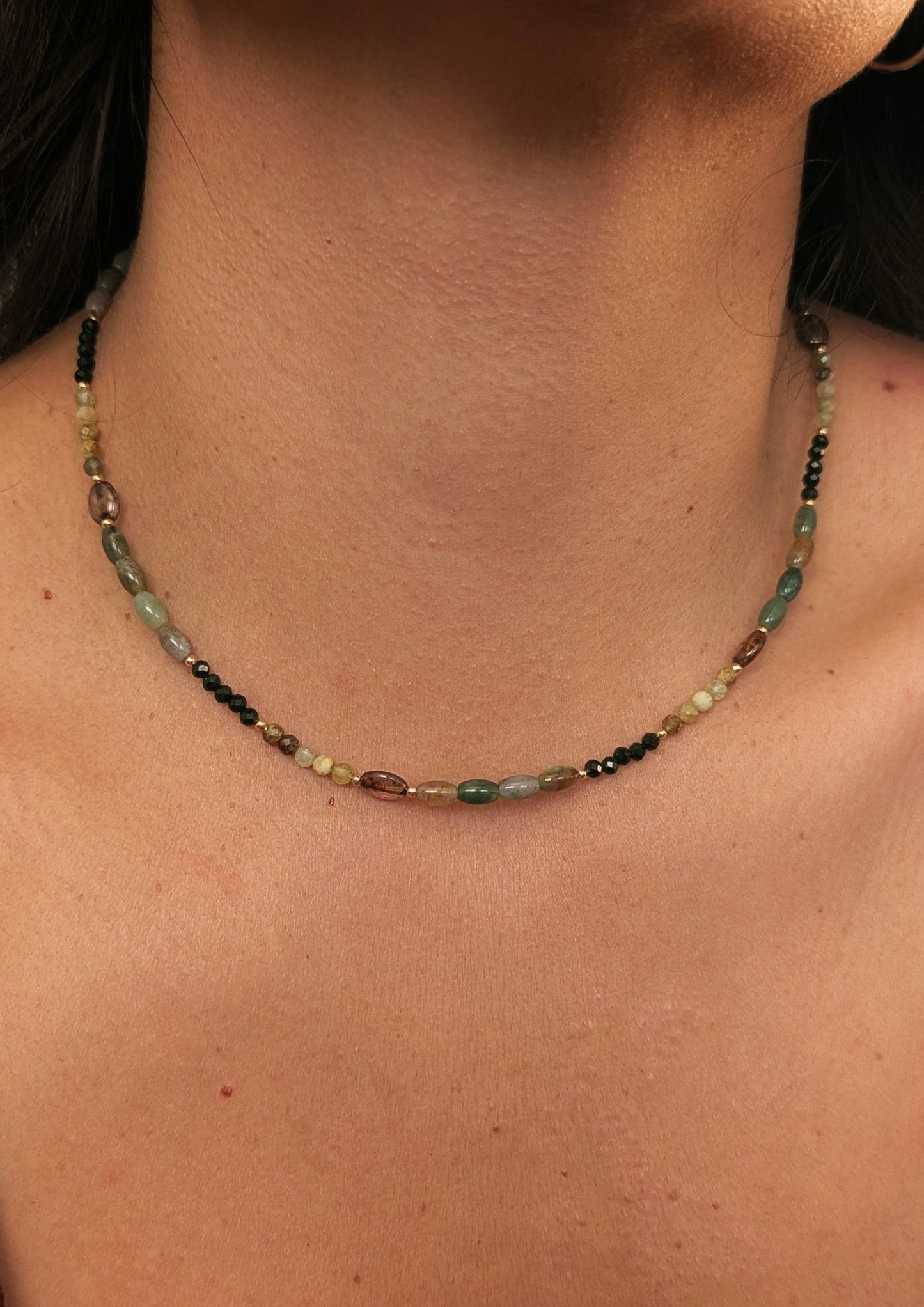 Moon & Milk Carmen necklace with agate, Czech glass beads, and 18k gold-plated accents in an earthy, deep green color palette.