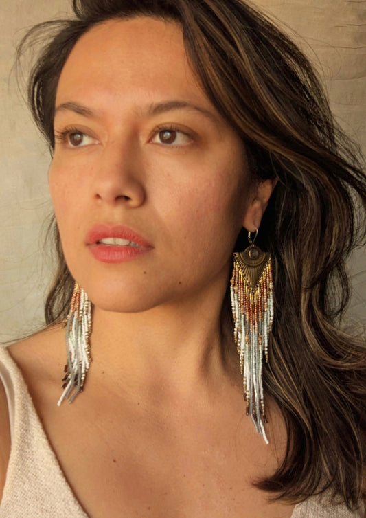 Mariann Jasper & Moonstone Handmade Beaded Fringe Earrings