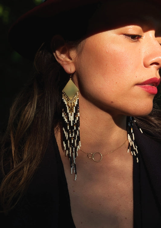 A person wearing a black hat and a black top, showcasing a pair of black, gold-plated, and white beaded earrings with a geometric design.