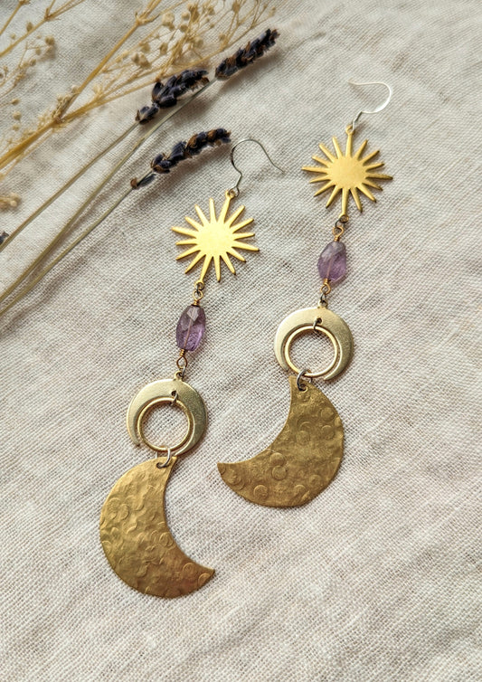Boucles d'Oreilles Laiton Martelé Améthyste Vénus