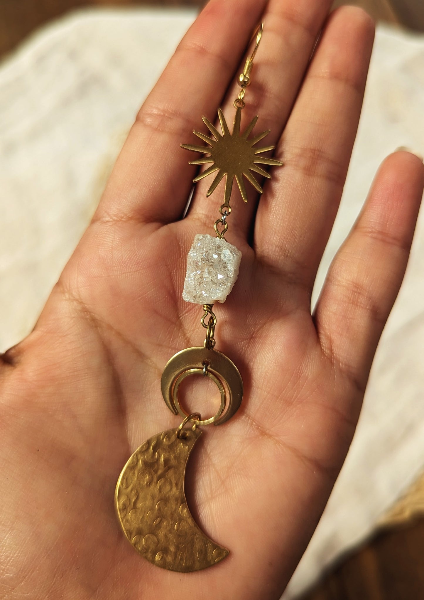 Selene Quartz Moon Brass Earrings