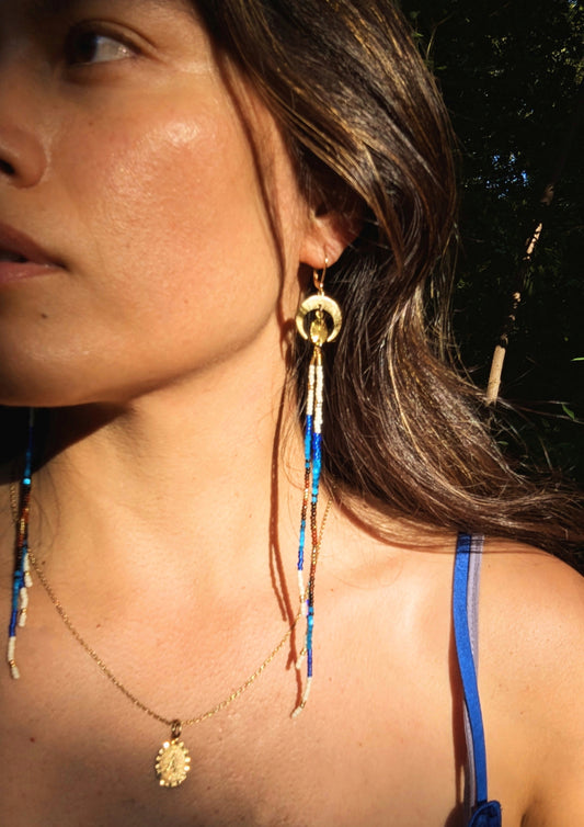 Xiye Blue Beaded  Fringe Earrings