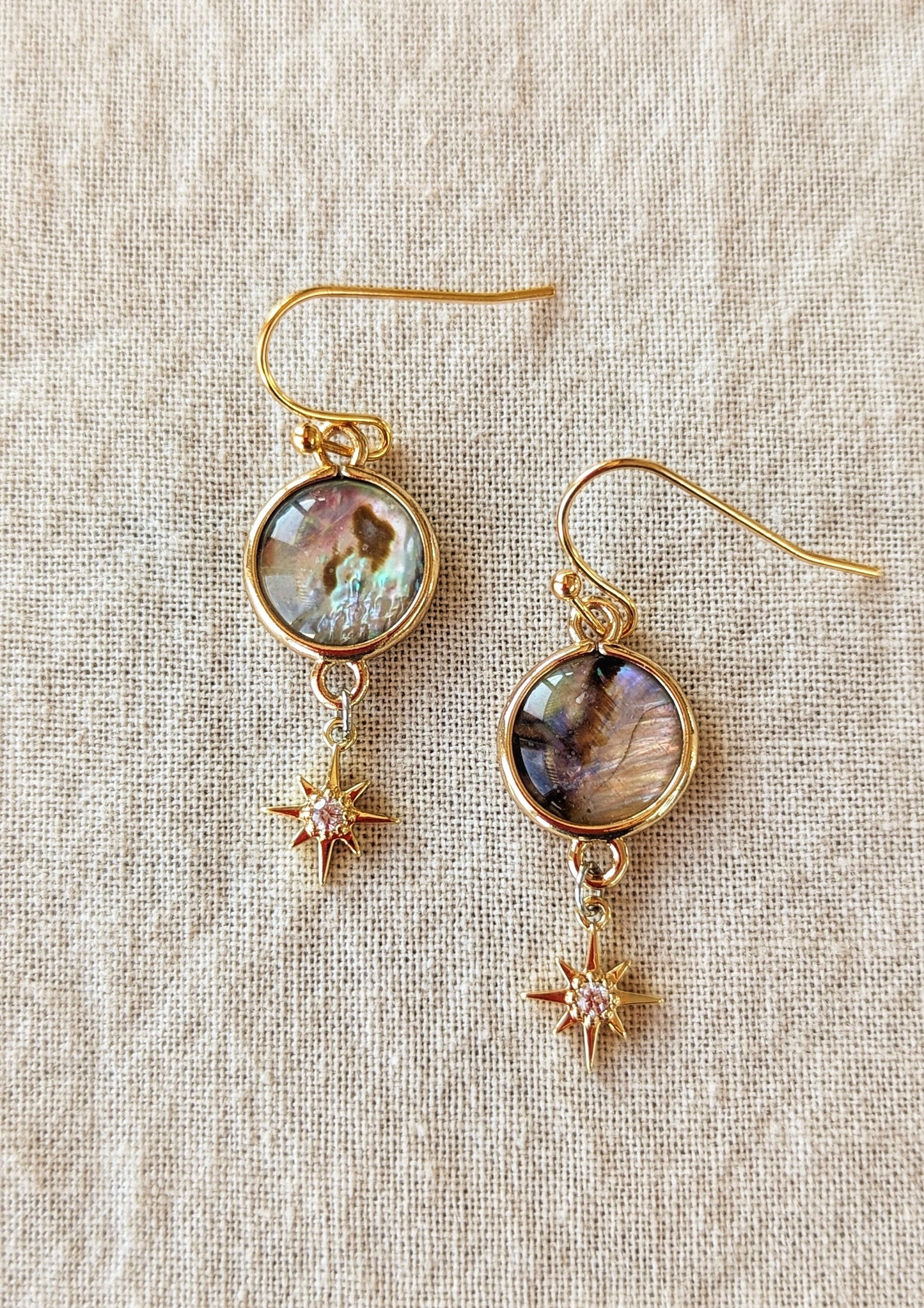 Andromeda earrings by Moon & Milk, featuring abalone shell connectors, CZ star charms, and 18k gold-plated brass ear wires, embodying a celestial-inspired design.