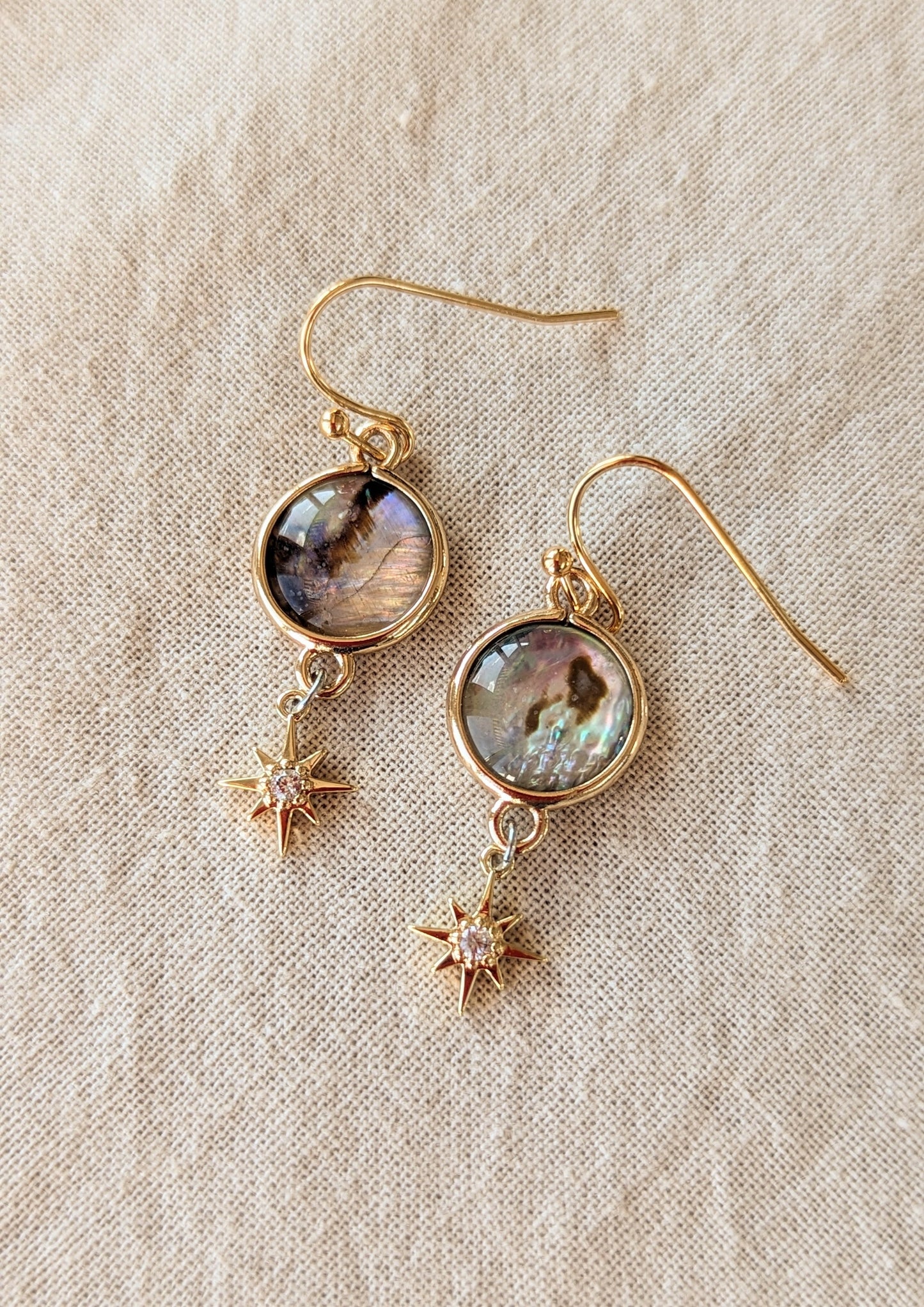 Andromeda earrings by Moon & Milk, featuring abalone shell connectors, CZ star charms, and 18k gold-plated brass ear wires, embodying a celestial-inspired design.