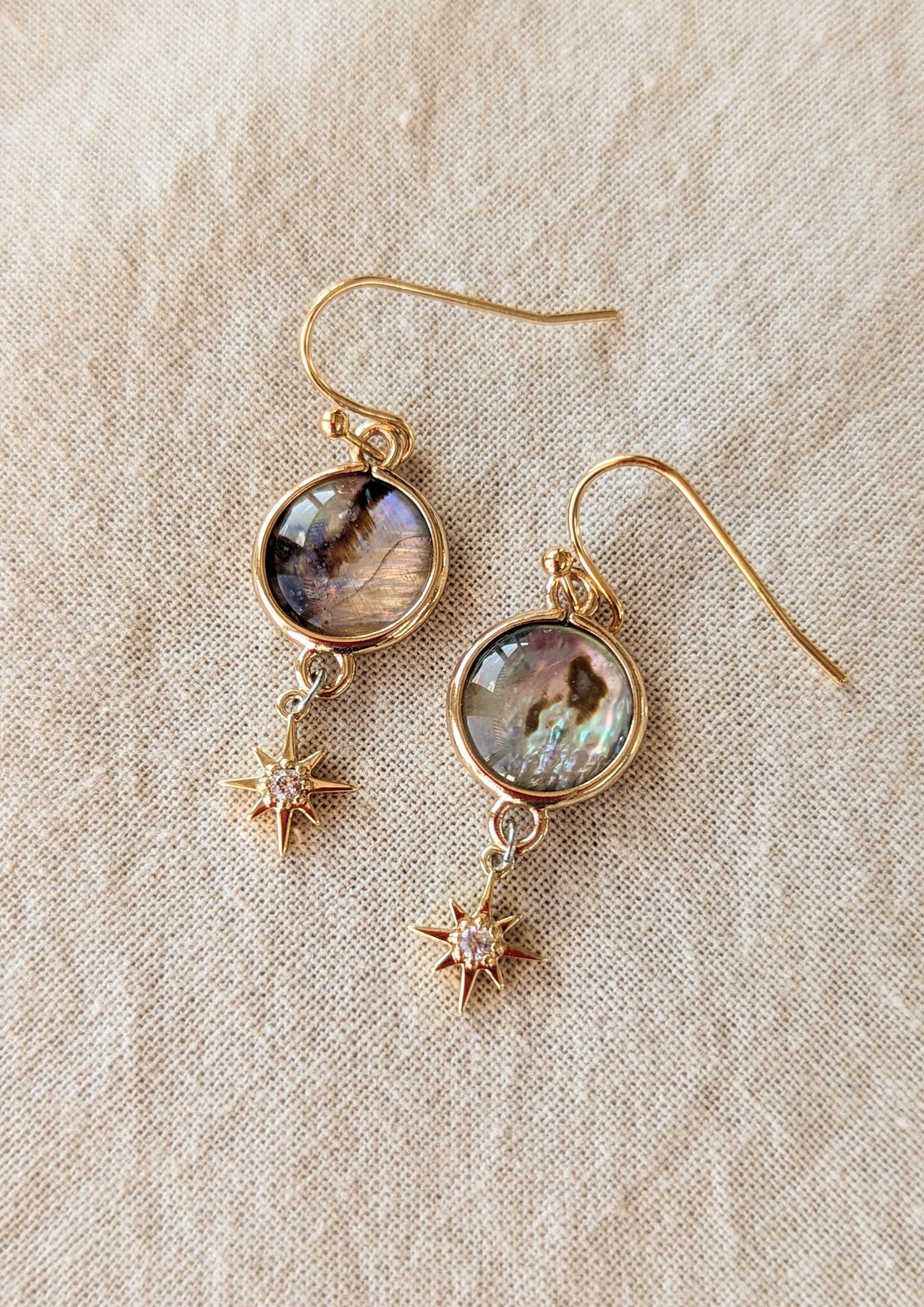 Andromeda earrings by Moon & Milk, featuring abalone shell connectors, CZ star charms, and 18k gold-plated brass ear wires, embodying a celestial-inspired design.