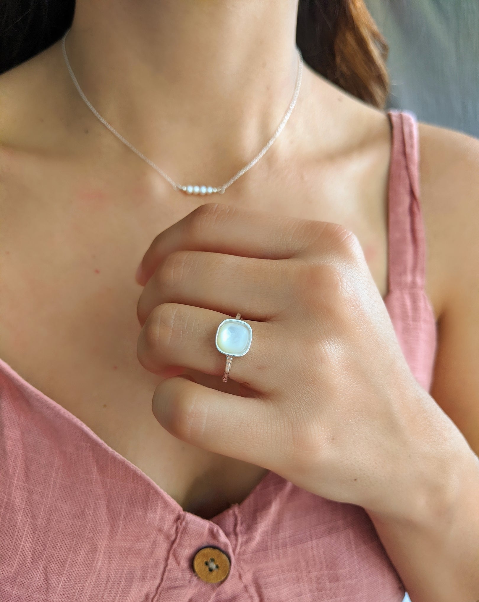 Moon & Milk- 925 sterling silver hammered band ring with a iridescent mother of pearl stone