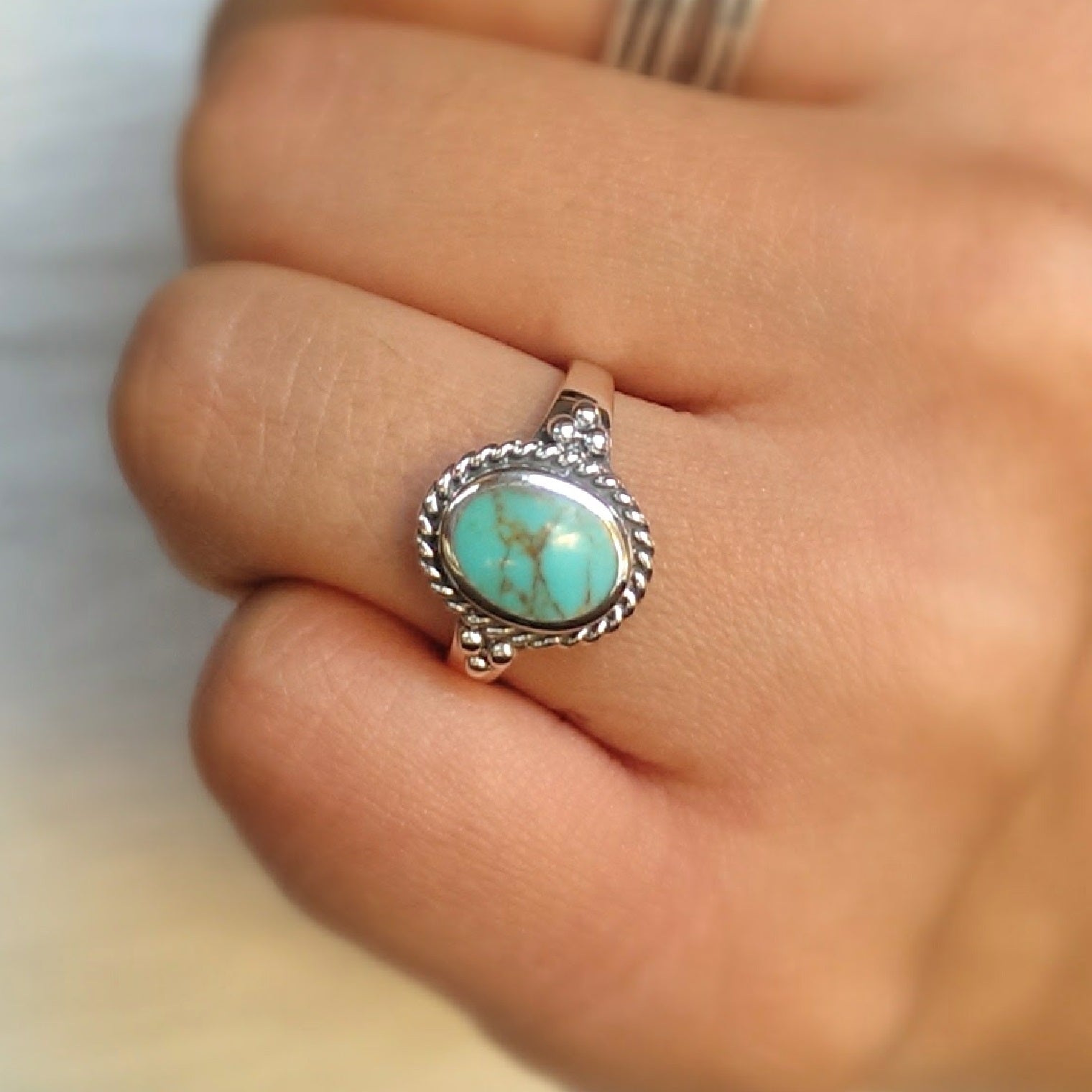 Moon & Milk - Sterling silver boho turquoise ring with a twisted rope outline
