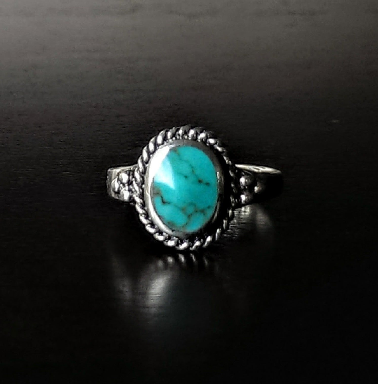 Moon & Milk - Sterling silver boho turquoise ring with a twisted rope outline