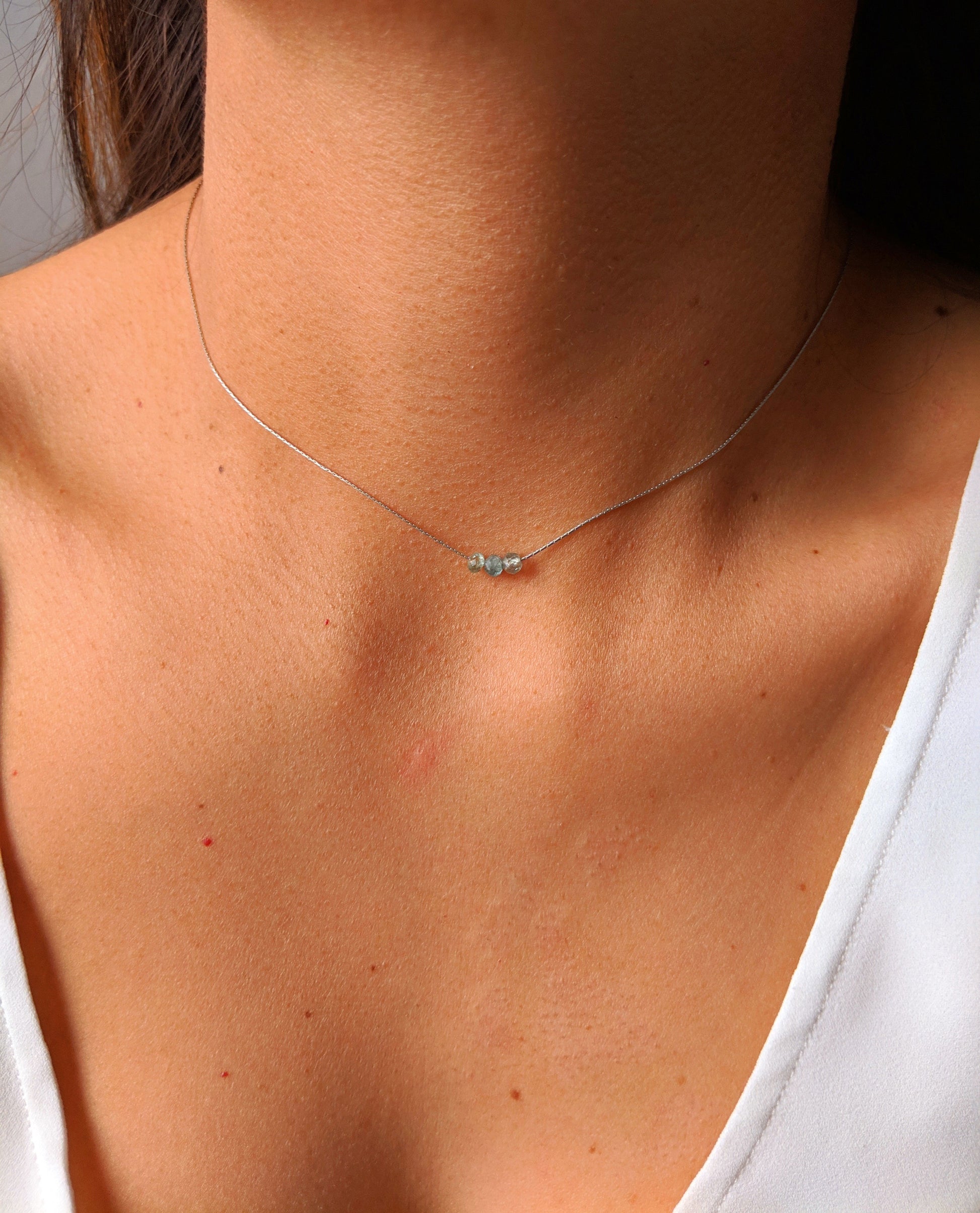 Moon & Milk - sterling silver dainty necklace choker with three tiny aqua apatite gemstones.