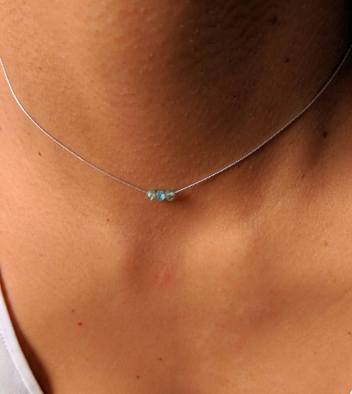 Moon & Milk - sterling silver dainty necklace choker with three tiny aqua apatite gemstones.
