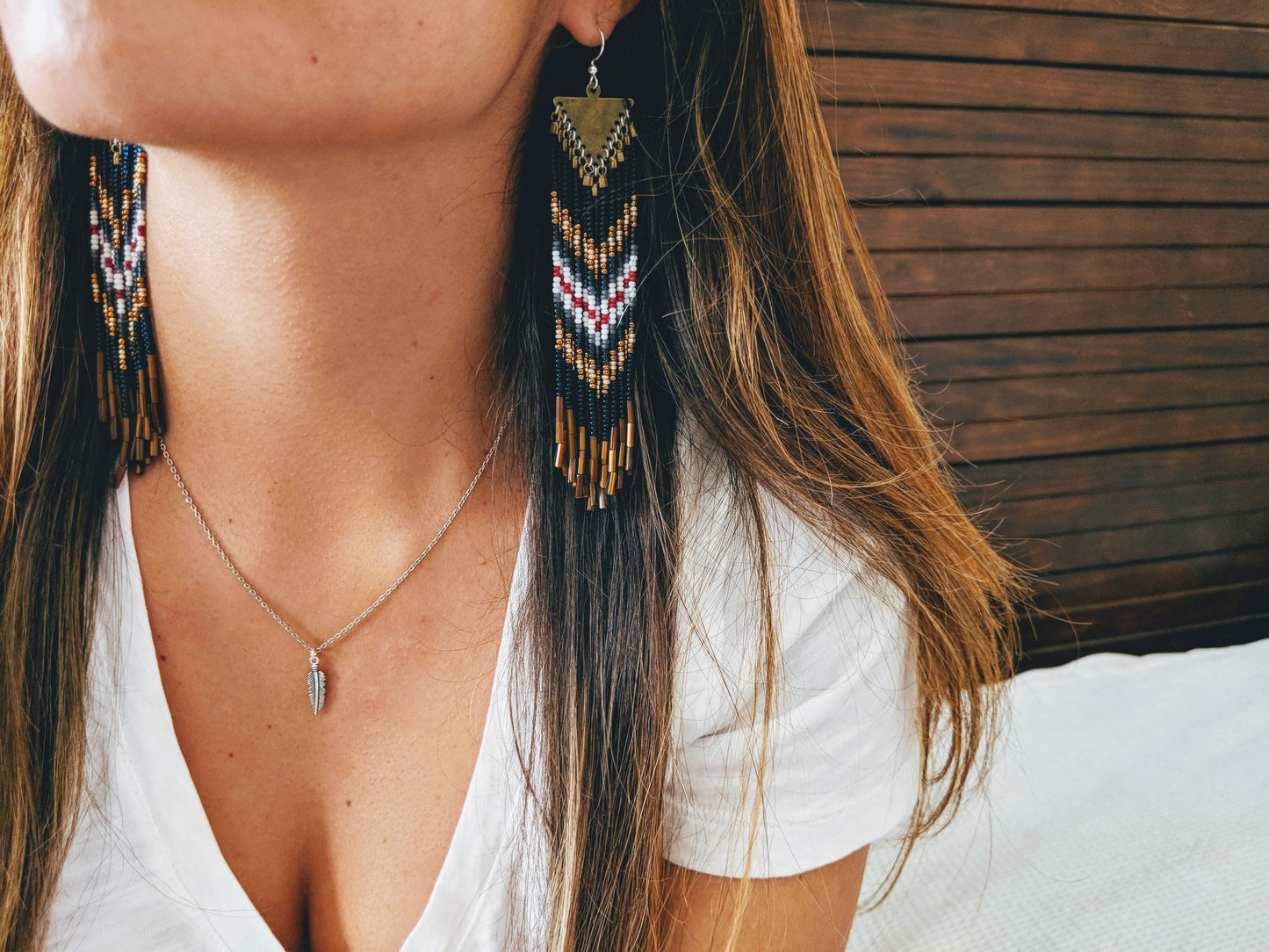Moon & Milk - Native American style fringe earrings with a red, white, and blue chevron design.