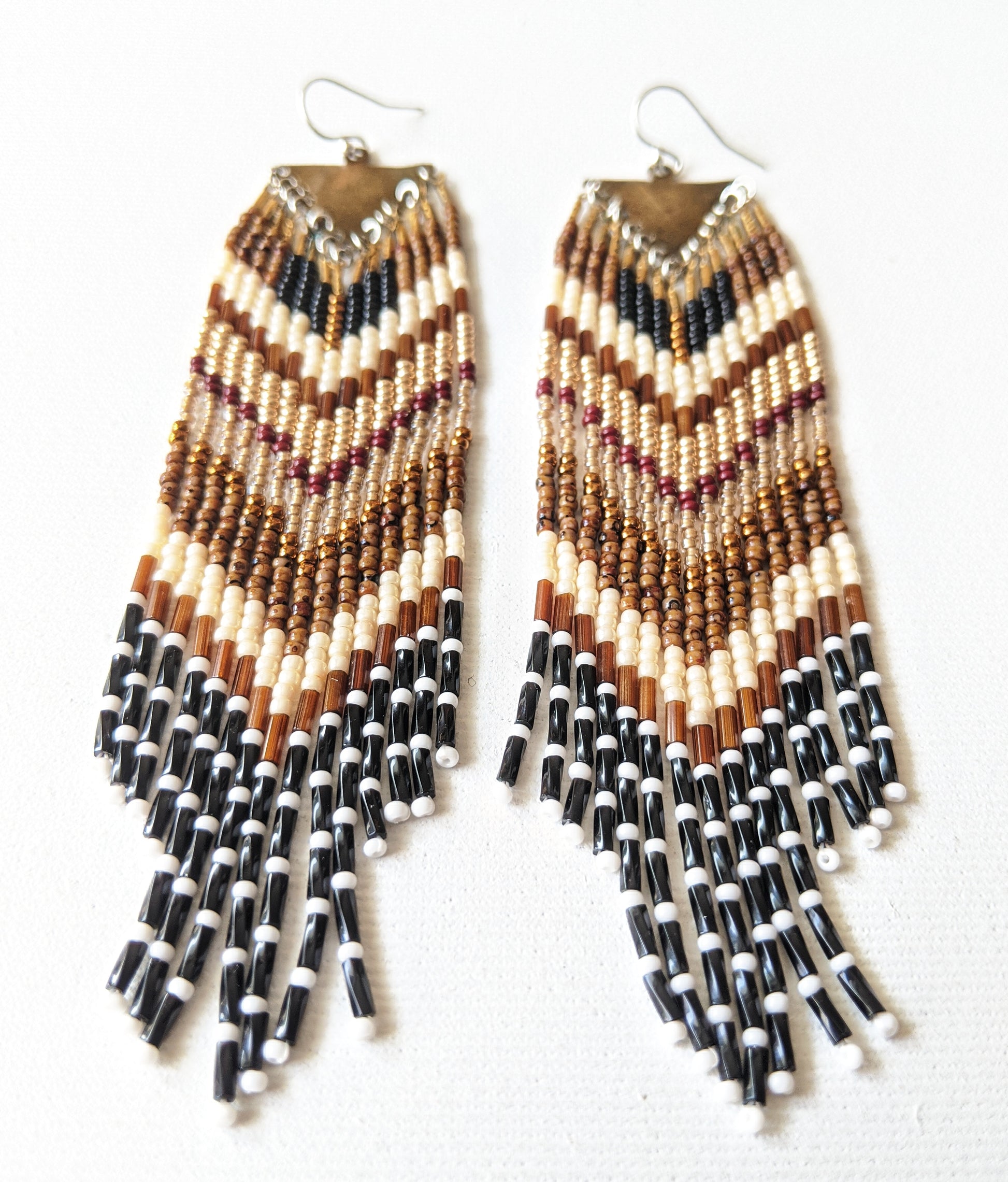 Moon & Milk - Golden brown beaded fringe earrings handmade with glass beads, sterling silver, and brass.