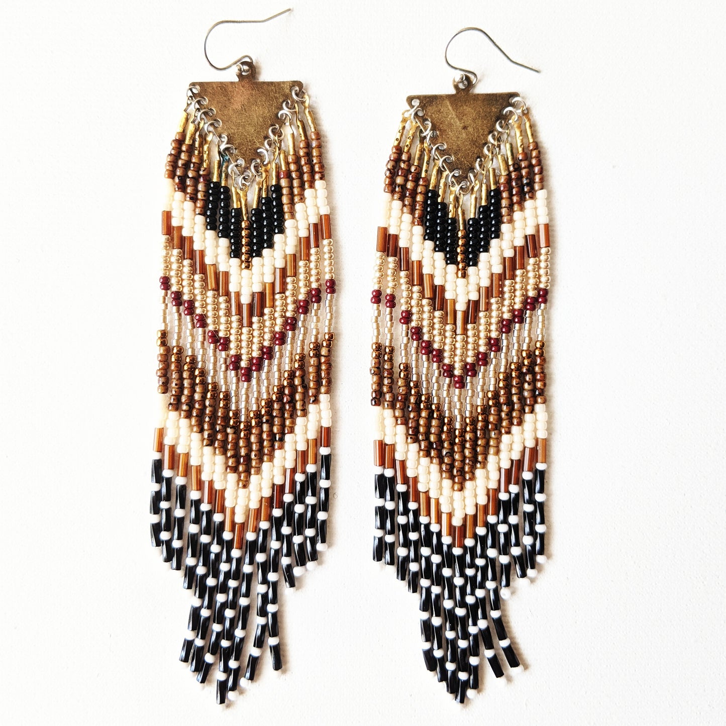 Moon & Milk - Golden brown beaded fringe earrings handmade with glass beads, sterling silver, and brass.