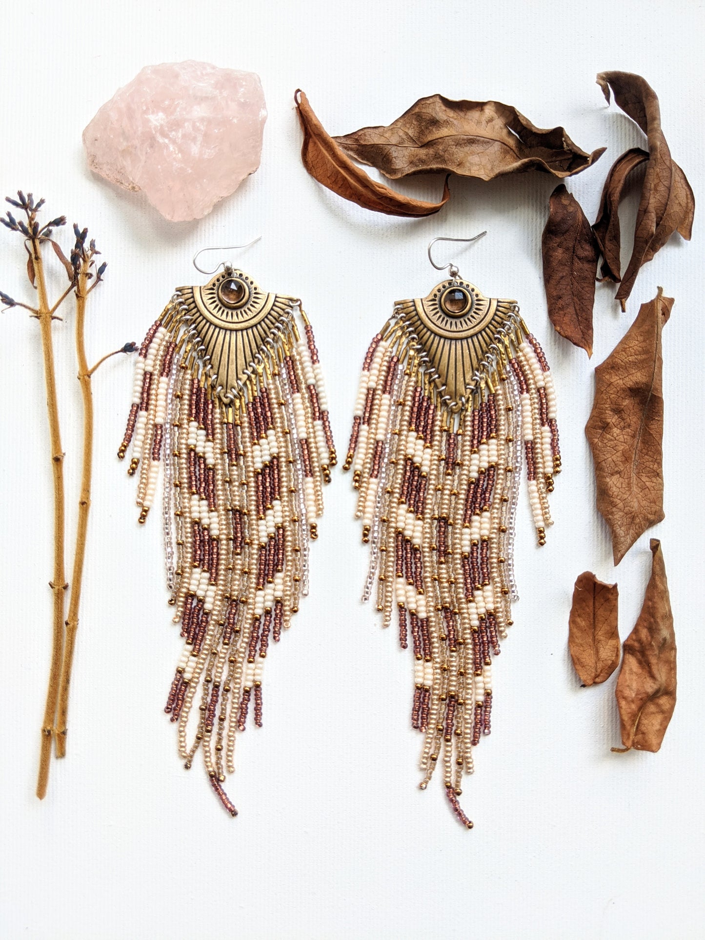 Moon & Milk - Handmade extra long beaded bohemian earrings created with glass beads, sterling silver, smoky quartz, and brass.