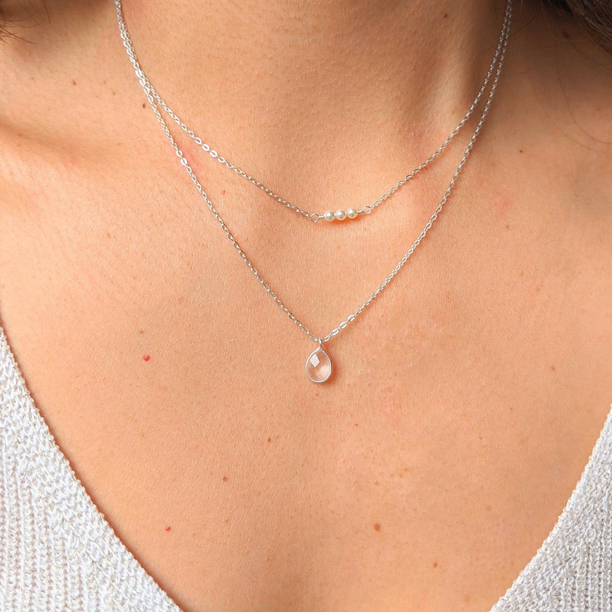 Moon & Milk - Sterling silver rose quartz two layer necklace with three tiny pearls