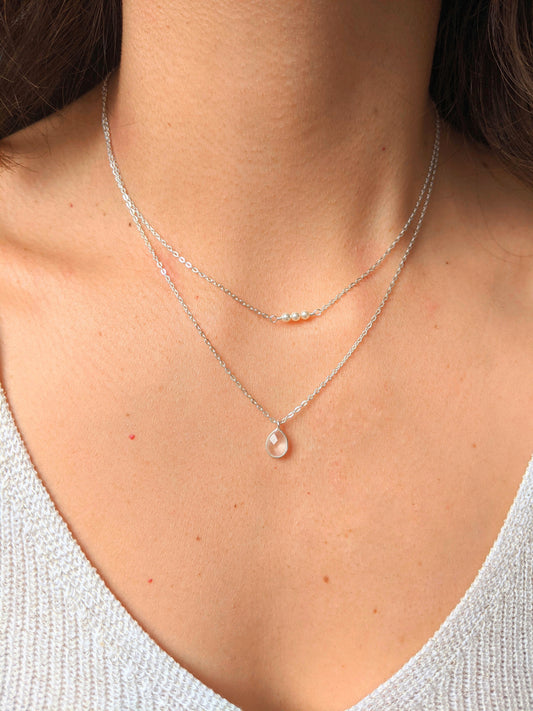 Moon & Milk - Sterling silver rose quartz two layer necklace with three tiny pearls