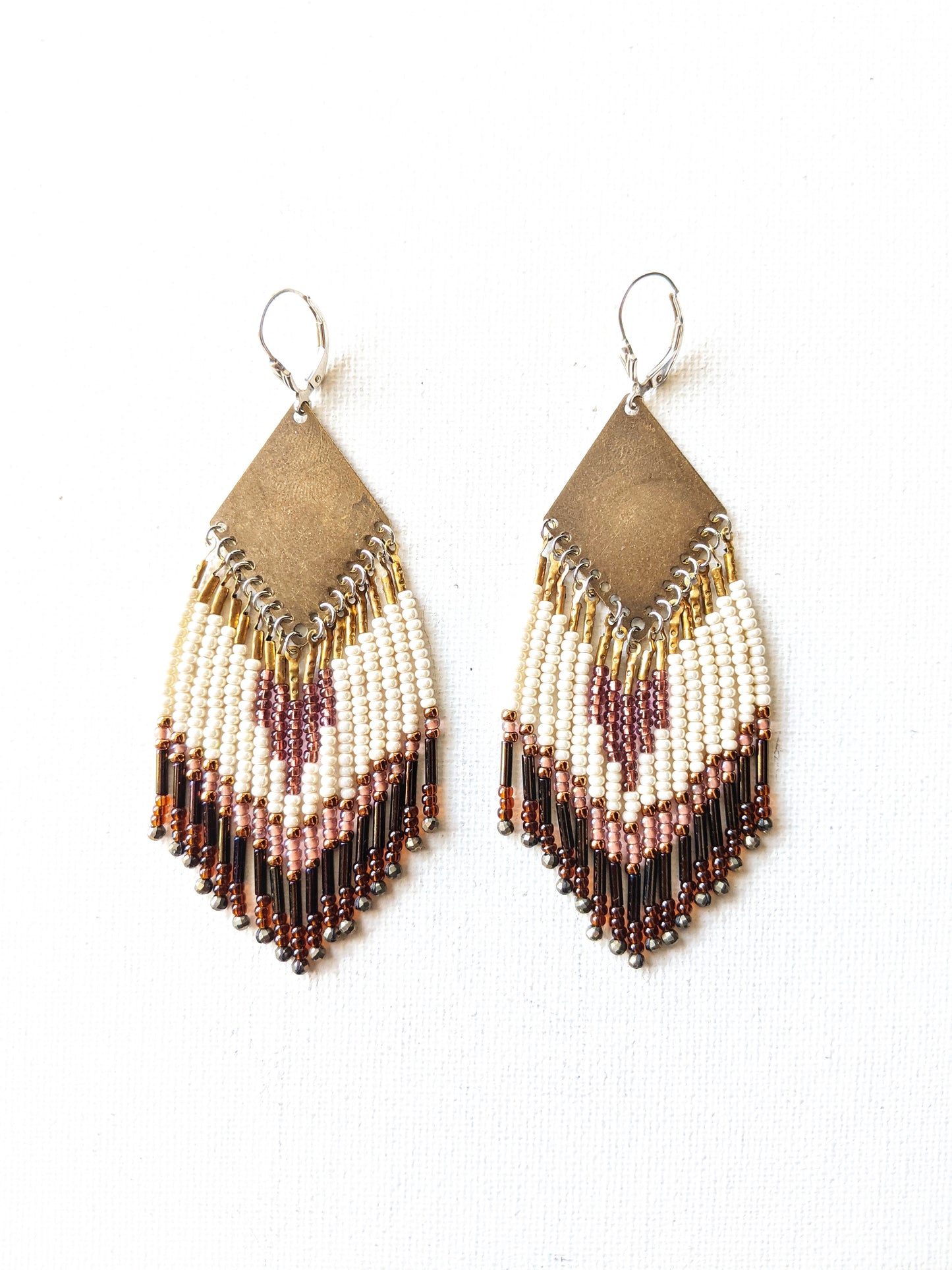 Moon & Milk - Handmade beaded fringe earrings created with pyrite stones, glass seed beads, brass, and sterling silver.