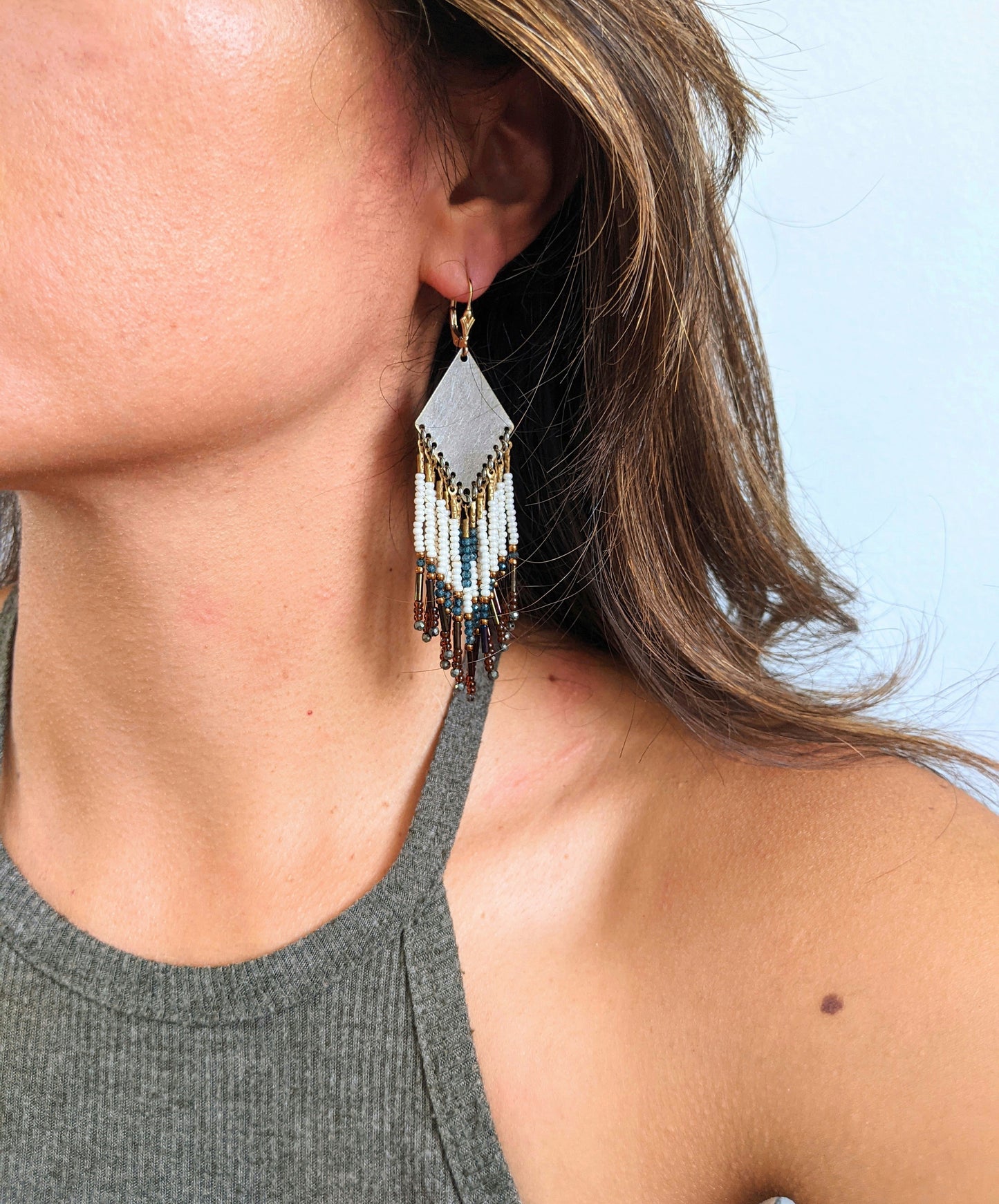 Moon & Milk - Handmade beaded fringe earrings created with pyrite stones, blue topaz, glass beads, brass, and sterling silver.