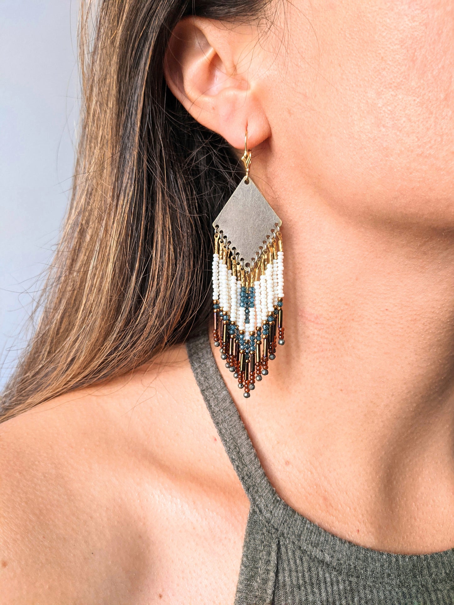 Moon & Milk - Handmade beaded fringe earrings created with pyrite stones, blue topaz, glass beads, brass, and sterling silver.