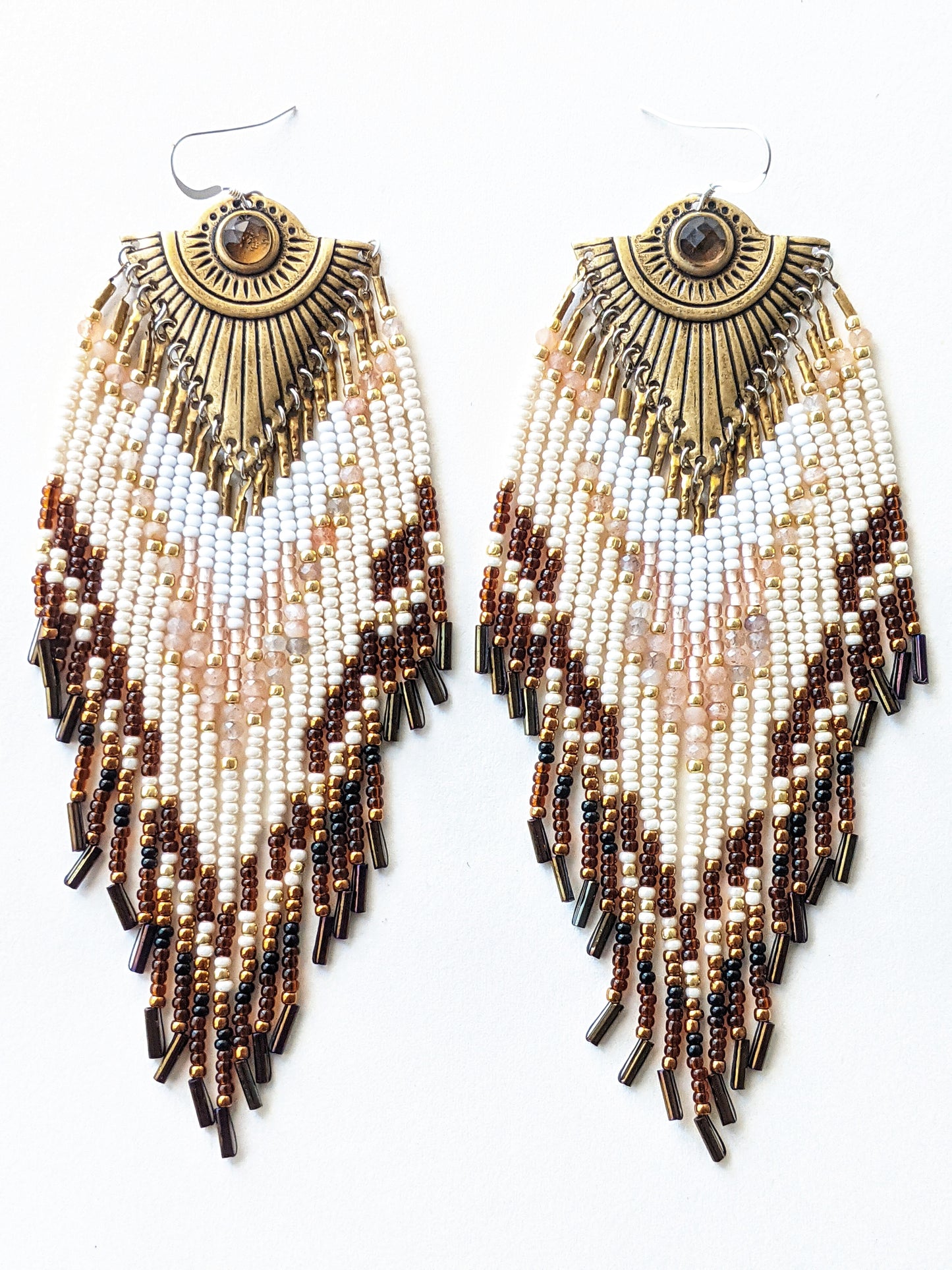 Moon & Milk - Handmade native beaded earrings created with semi-precious stones, glass beads, brass, and sterling silver.