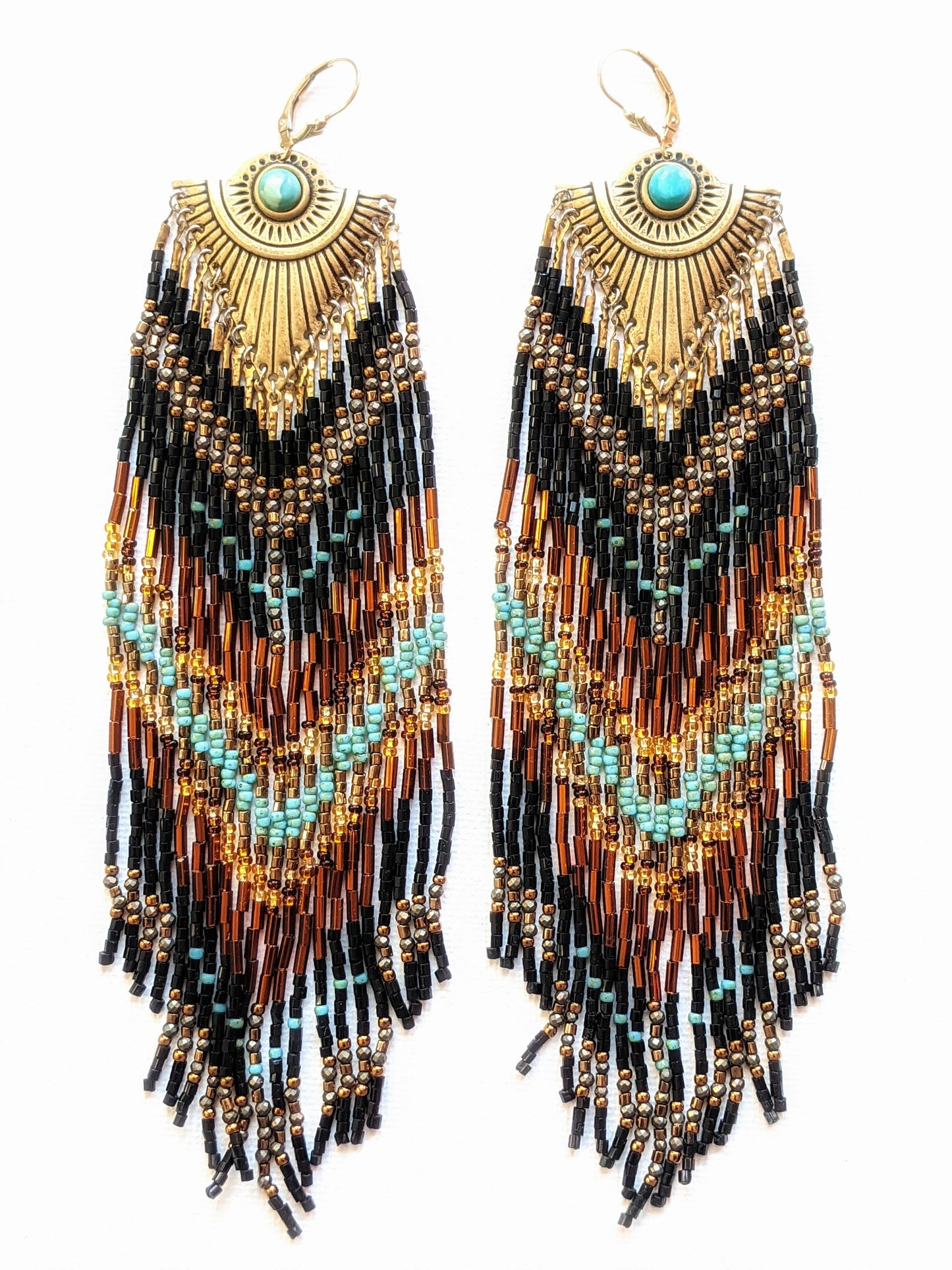 Moon & Milk - Handmade beaded tribal earrings created with semi-precious stones such as turquoise and pyrite, glass seed beads, and gold-filled ear wires.