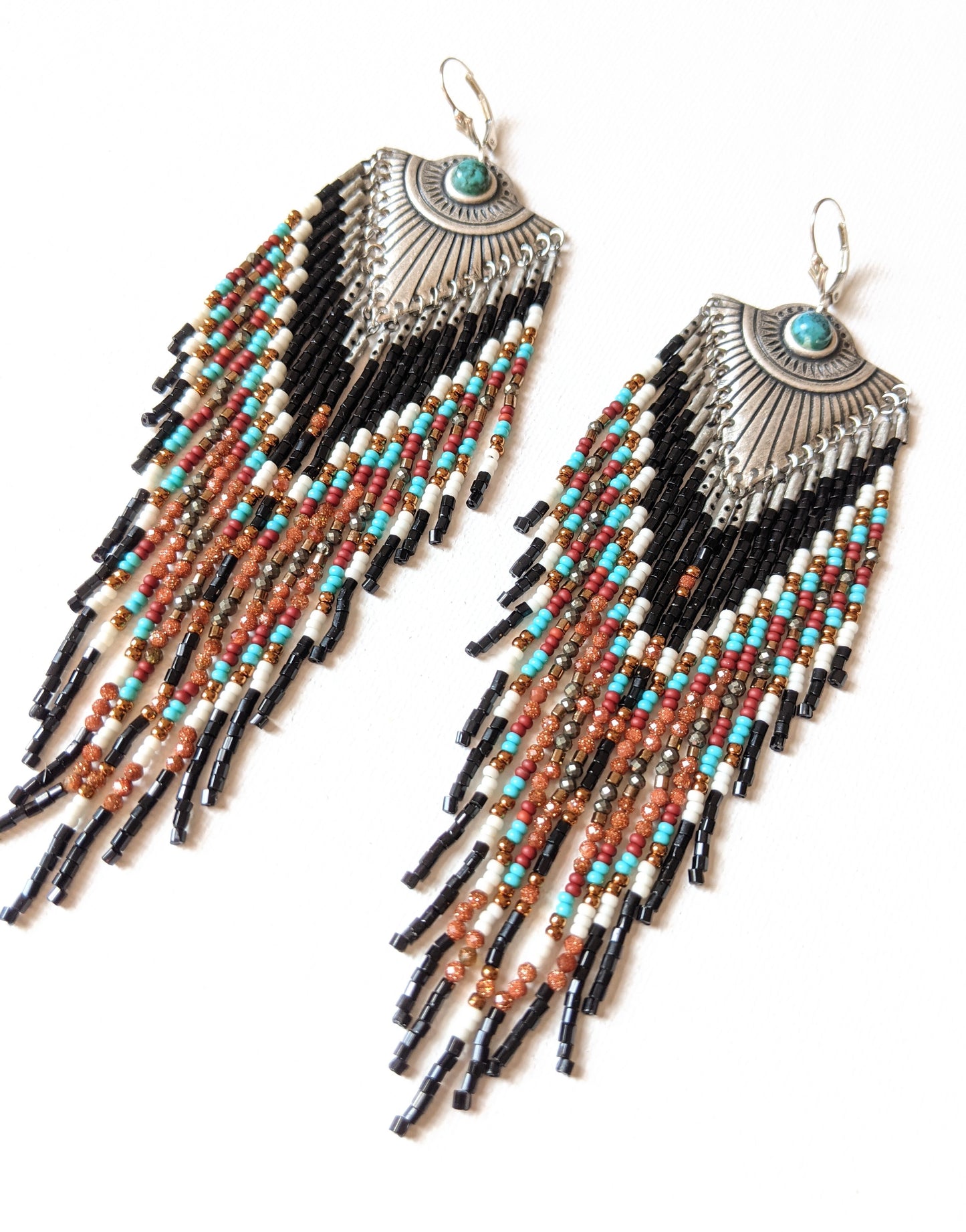 Moon & Milk - Handmade beaded native earrings created with semi-precious stones, glass beads, brass, and sterling silve