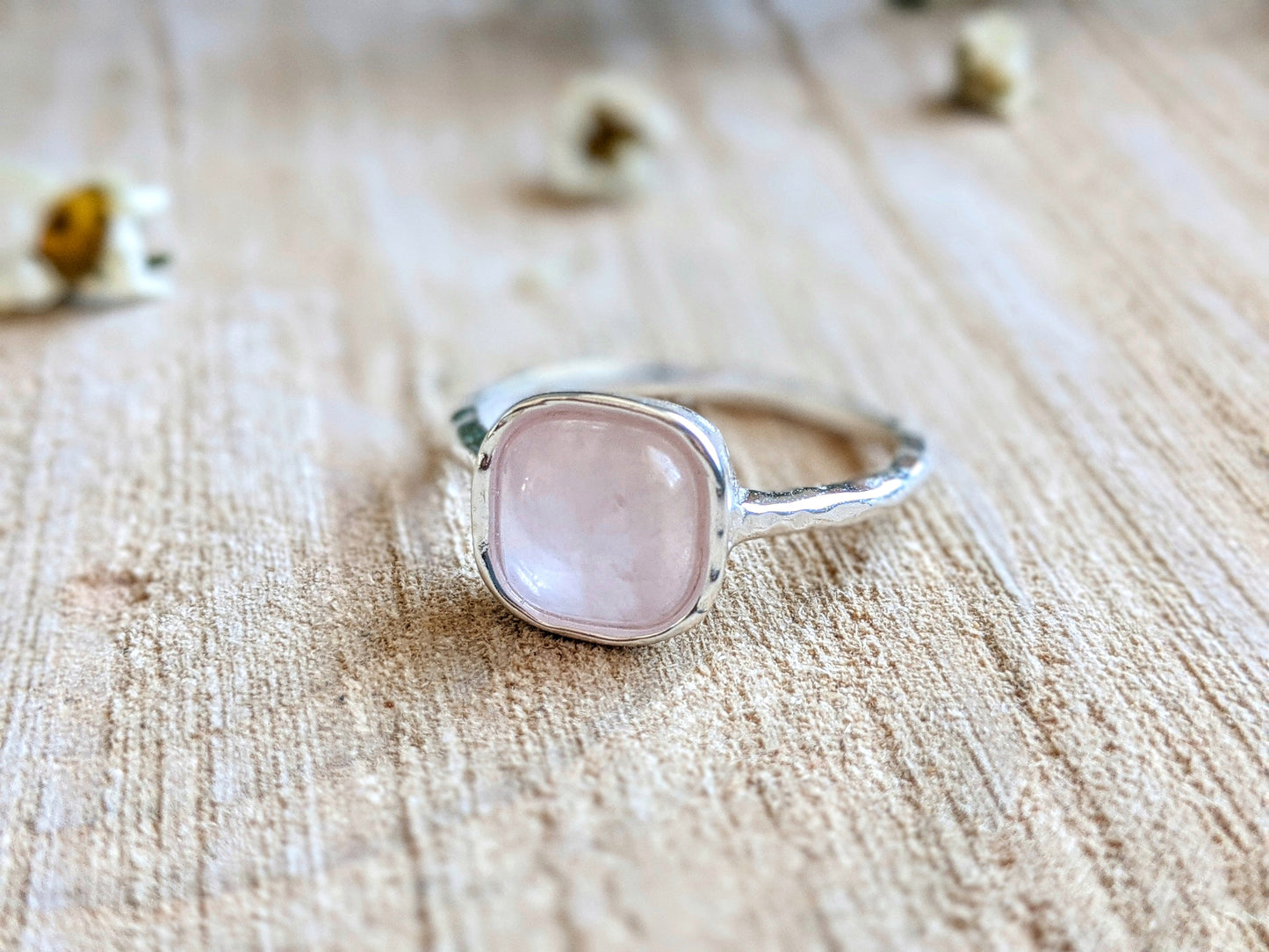 bell Rose Quartz Silver Hammered Ring