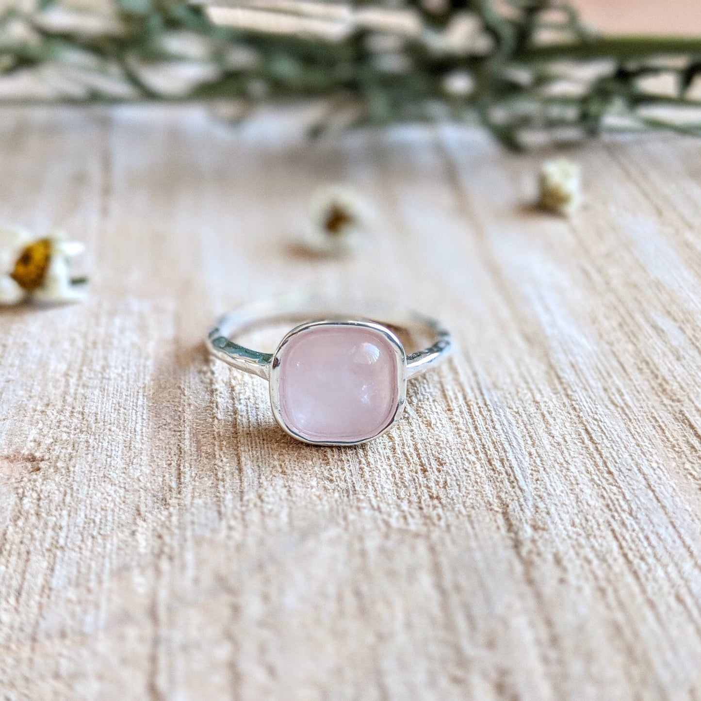 bell Rose Quartz Silver Hammered Ring