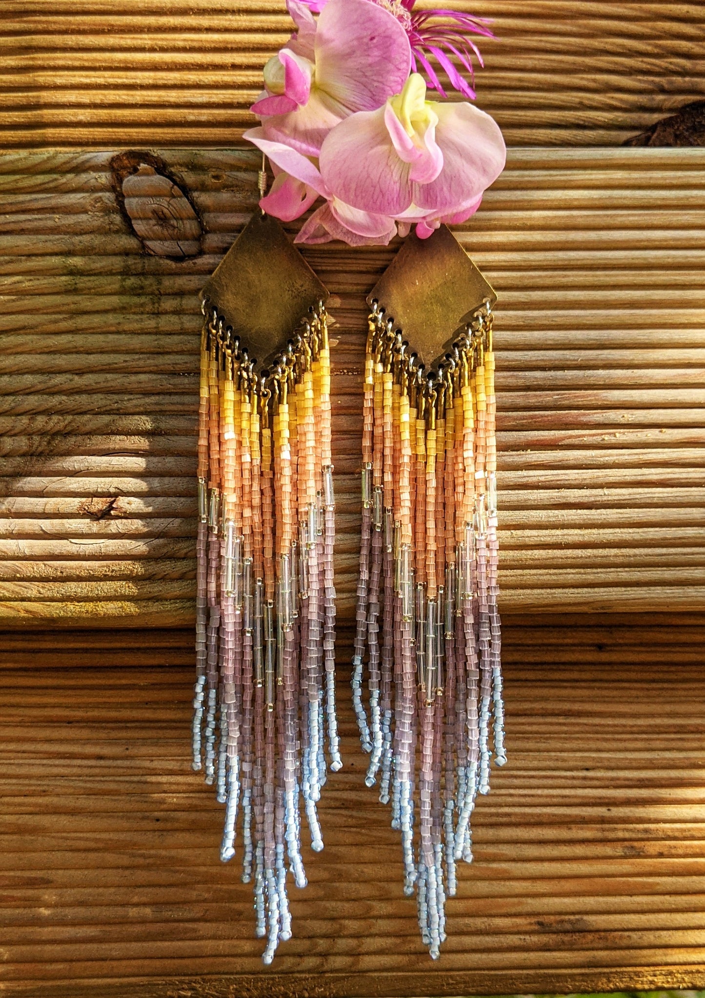 Santa Monica Beach Beaded Earrings by Moon & Milk, handcrafted with satin hex-cut beads in sunset colors, brass accents, and sterling silver ear wires, a statement in artisan jewelry.