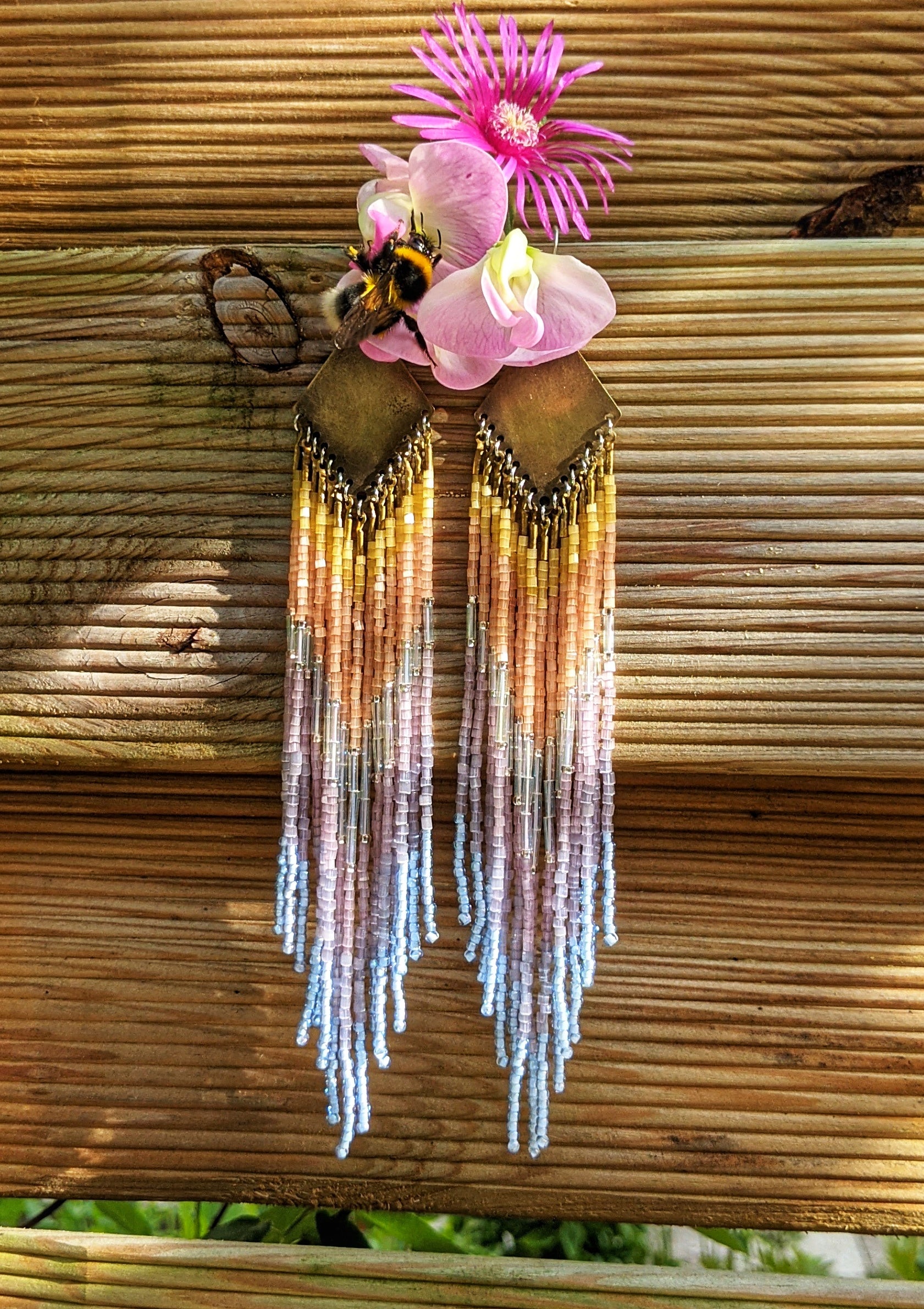 Santa Monica Beach Beaded Earrings by Moon & Milk, handcrafted with satin hex-cut beads in sunset colors, brass accents, and sterling silver ear wires, a statement in artisan jewelry.