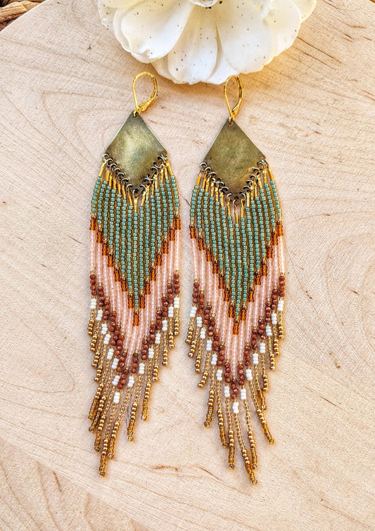 Handcrafted beaded earrings made with Czech beads, brass, and sandstone in green, pink, and gold for a beautiful, boho design.