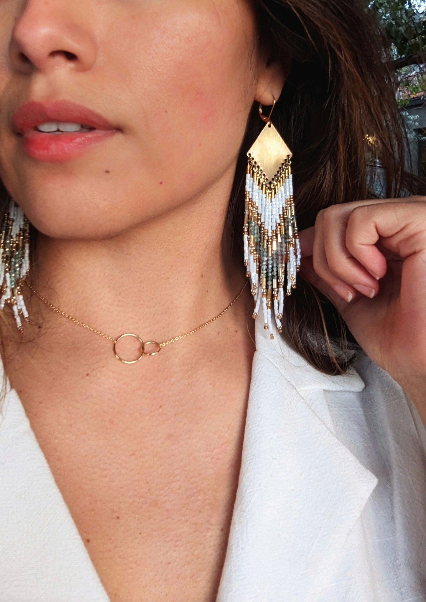 Elegant beaded earrings with white, gold, and soft aqua accents. - Moon & Milk