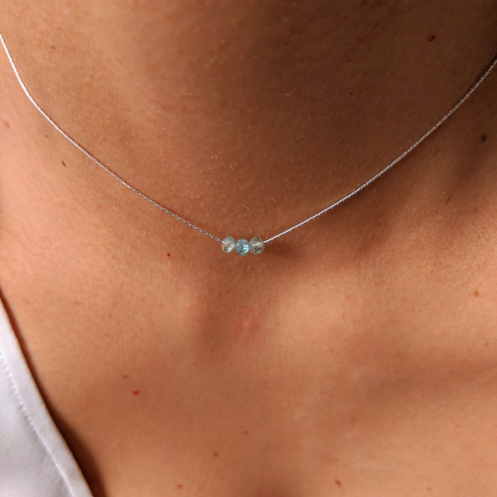 Moon & Milk - sterling silver dainty necklace choker with three tiny aqua apatite gemstones.