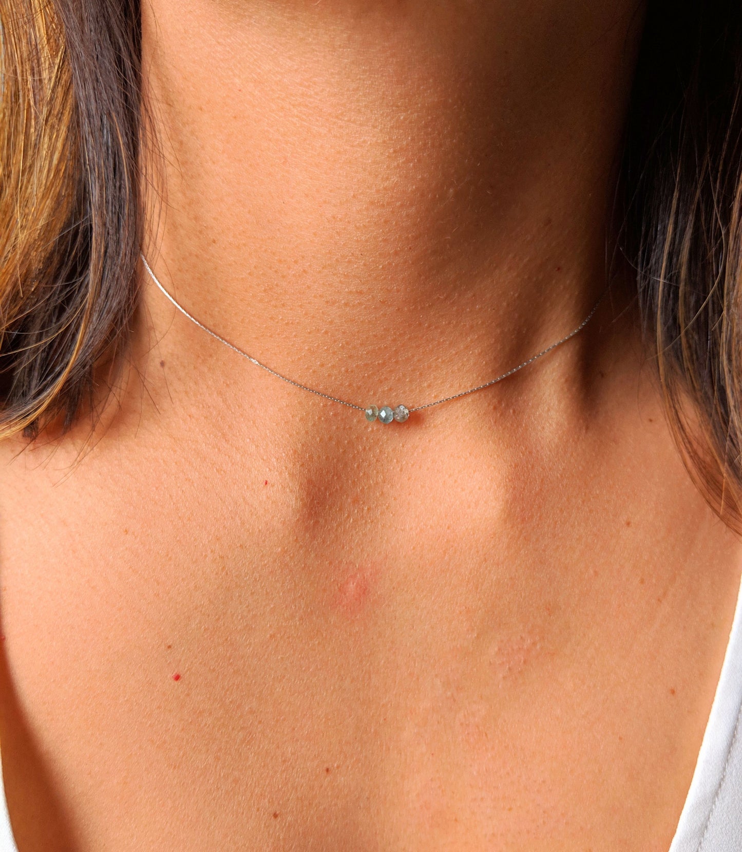 Moon & Milk - sterling silver dainty necklace choker with three tiny aqua apatite gemstones.