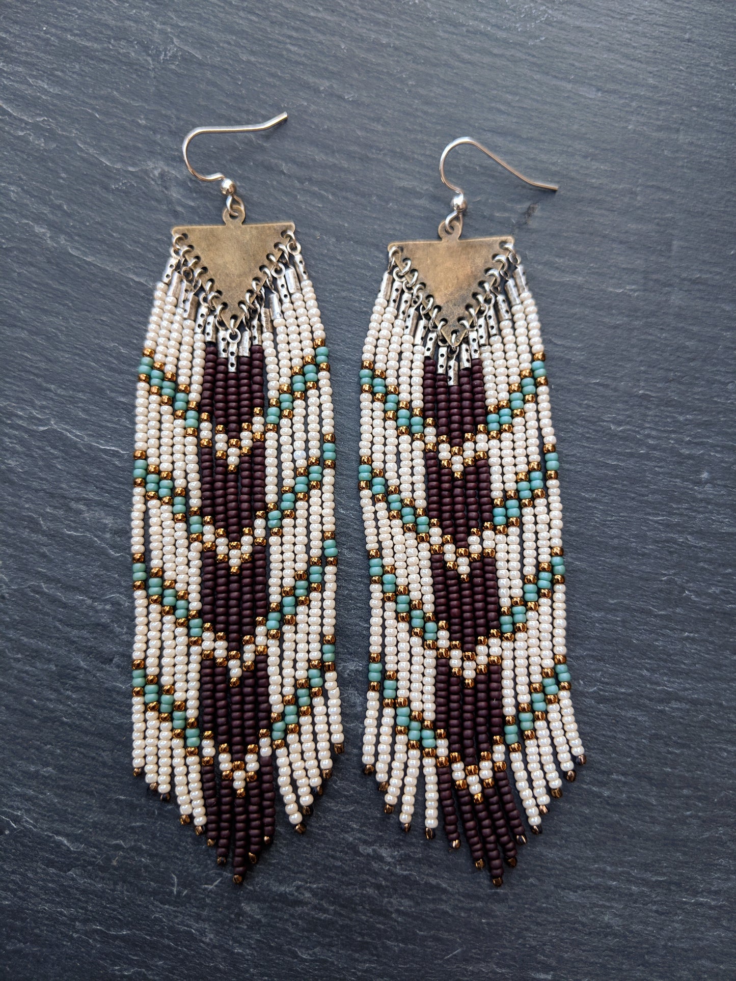 Long boho seed bead earrings with a chocolate brown and blue chevron design perfect for your bohemian wedding party