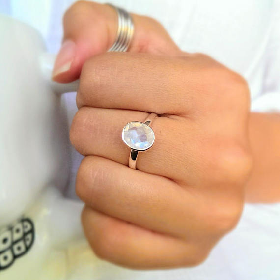 925 sterling silver faceted moonstone ring. Free shipping in the US.