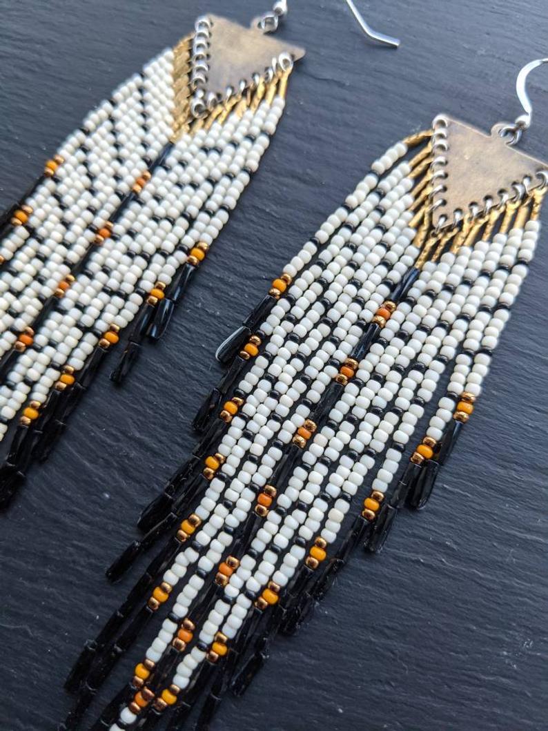 Extra long Native American style seed beaded earrings with a feather-like effect