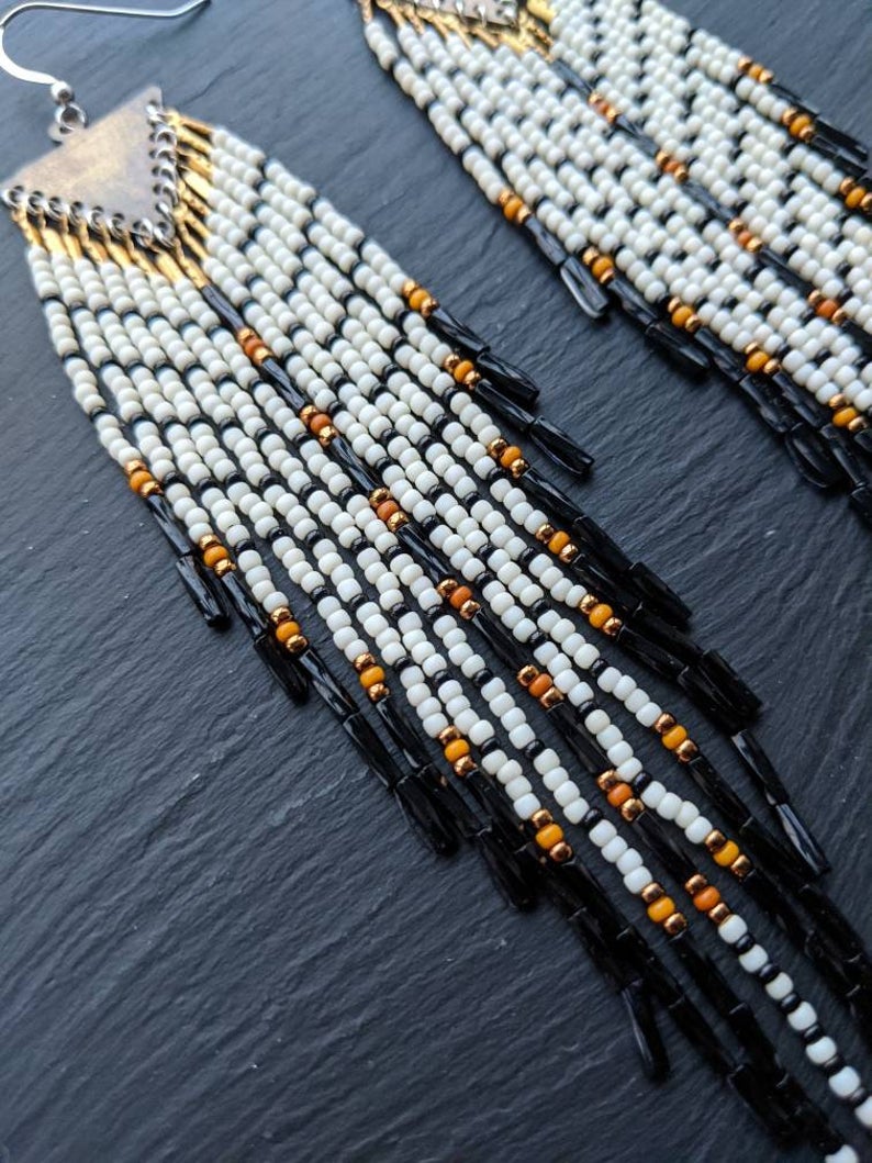 Extra long Native American style seed beaded earrings with a feather-like effect