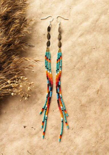 Native American Beaded Fringe Earrings Quannah Turquoise Beaded