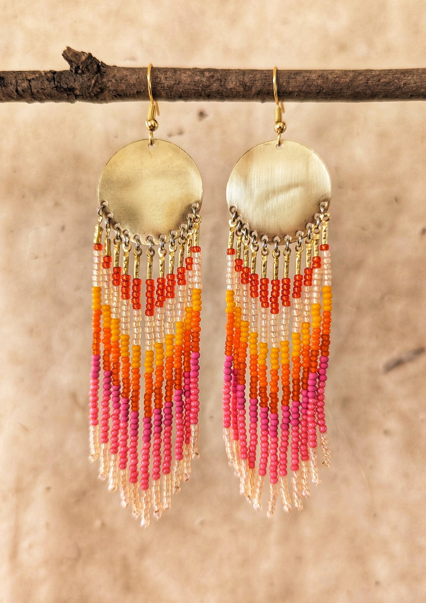 Peach Starburst Fringe Beaded Earrings