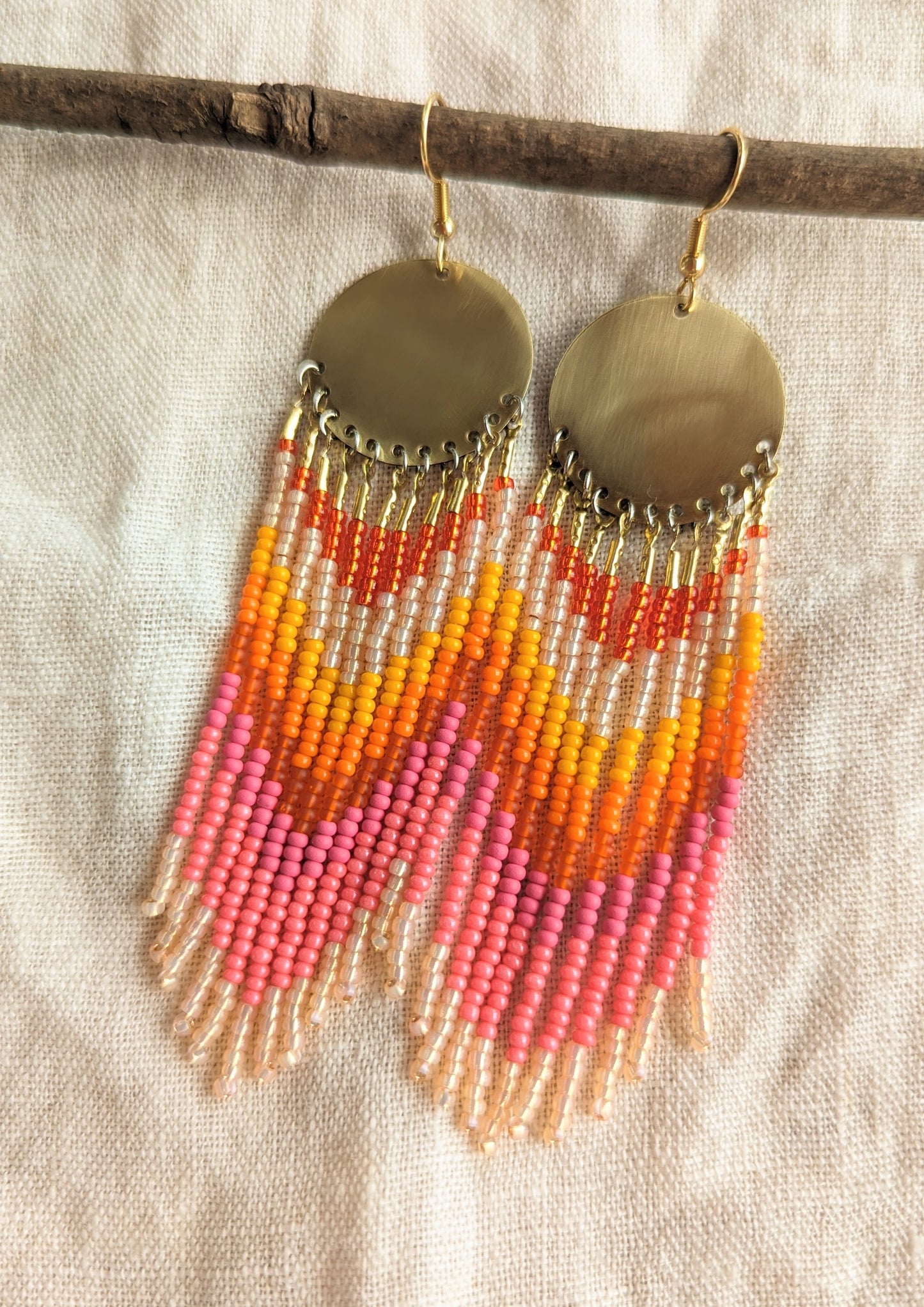 Peach Starburst Fringe Beaded Earrings