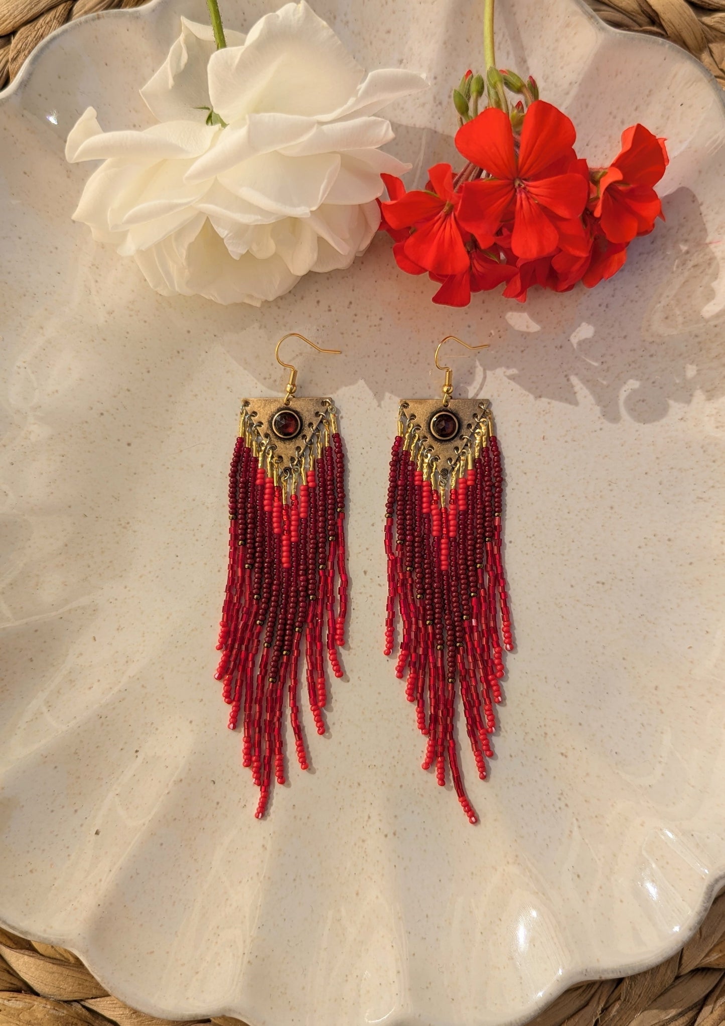 Tomoe Red Garnet Beaded Earrings