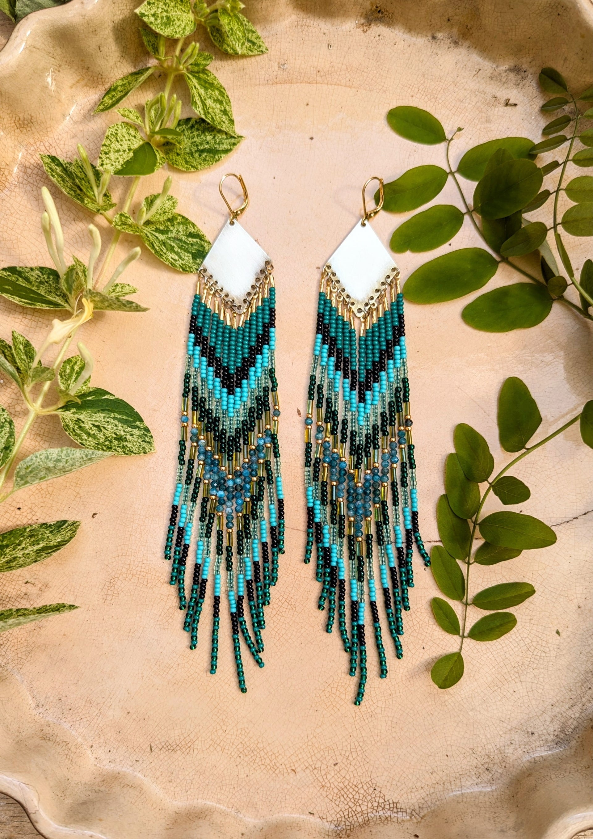 Beaded Native Earrings Dangle, Green Seed Bead Earrings, Southwestern Native American Earrings, Green Ethnic Drop Earrings Boho Brass Beaded