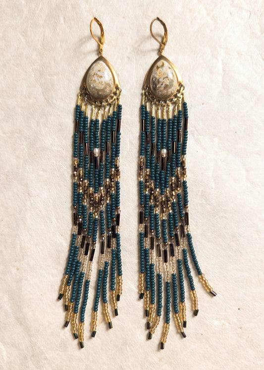 Mary Dark Green Beaded Earrings